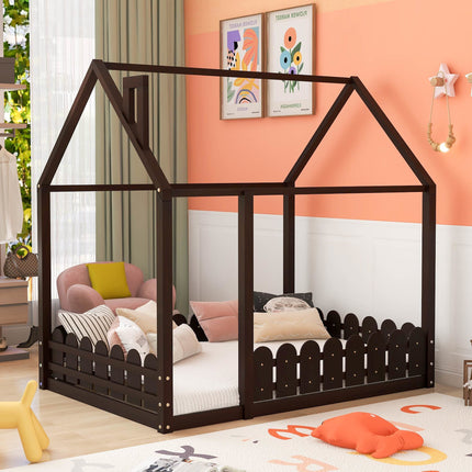 AS21- (Slats are not included) Full Size Wood Bed House Bed Frame with Fence;  for Kids;  Teens;  Girls;  Boys - Likeshoppe 