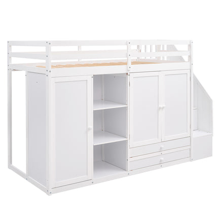 AS26- Functional Loft Bed with 3 Shelves;  2 Wardrobes and 2 Drawers;  Ladder with Storage;  No Box Spring Needed - Likeshoppe 