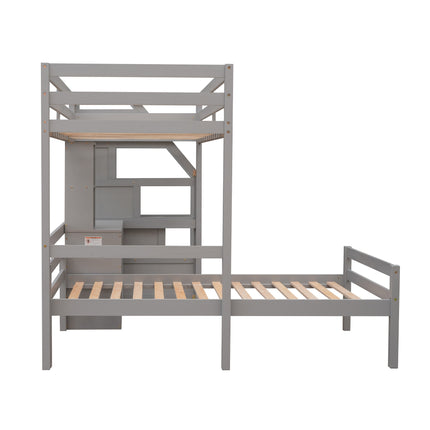 AS4- Twin Size Loft Bed with a Stand-alone Bed;  Storage Staircase;  Desk;  Shelves and Drawers - Likeshoppe 