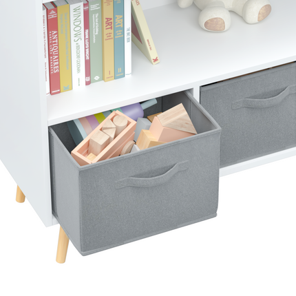 AT20- Kids bookcase with Collapsible Fabric Drawers, Children's Book Display, Toy Storage Cabinet Organizer, White/Gray - Likeshoppe 