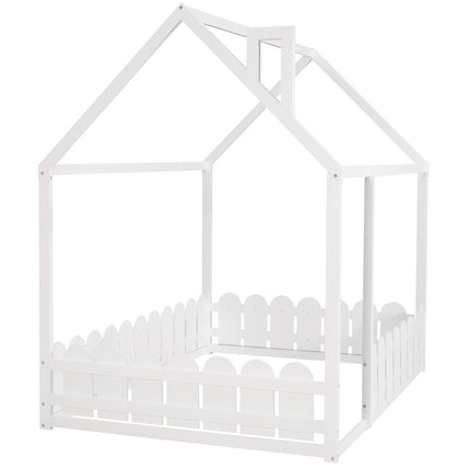 AS21- (Slats are not included) Full Size Wood Bed House Bed Frame with Fence;  for Kids;  Teens;  Girls;  Boys - Likeshoppe 