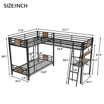 AS28- L-Shaped Twin over Twin Bunk Bed with Twin Size Loft Bed with Desk and Shelf - Likeshoppe 