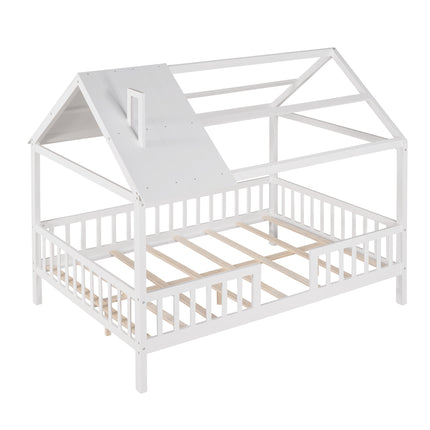 AS32- Full Size Wood House Bed with Fence - Likeshoppe 