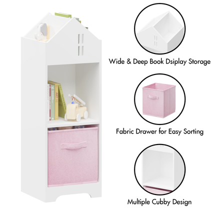 AT7- Kids Dollhouse Bookcase with Storage, 2-Tier Storage Display Organizer, Toddler Bookshelf with Collapsible Fabric Drawers for Bedroom or Playroom (White/Pink) - Likeshoppe 