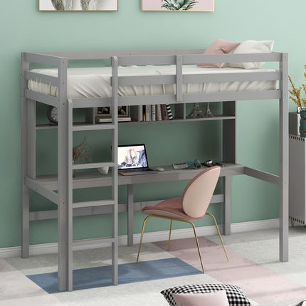 AS30- Twin Size Loft Bed with Convenient Desk;  Shelves;  and Ladder - Likeshoppe 