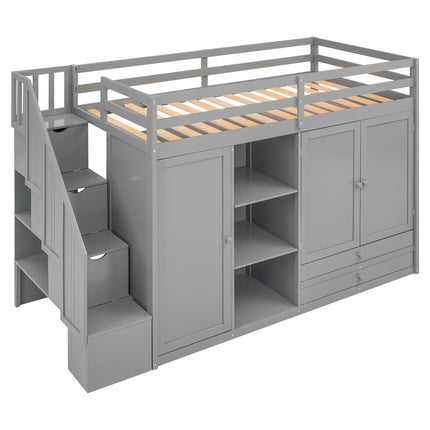 AS26- Functional Loft Bed with 3 Shelves;  2 Wardrobes and 2 Drawers;  Ladder with Storage;  No Box Spring Needed - Likeshoppe 