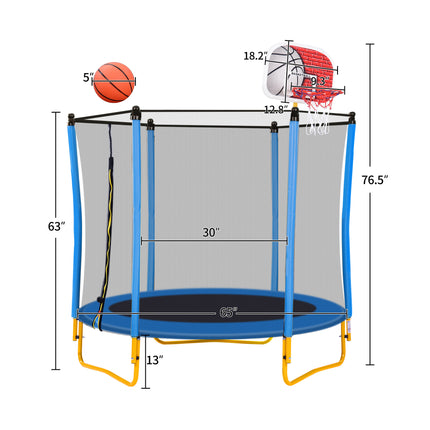 BA16- 5.5FT Trampoline for Kids - 65" Outdoor & Indoor Mini Toddler Trampoline with Enclosure, Basketball Hoop and Ball Included - Likeshoppe 