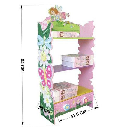 AT15- Kids Funnel Olivia the Fairy Girls Hand Painted 3 Tier Flower Bookcase with Drawers - Likeshoppe 