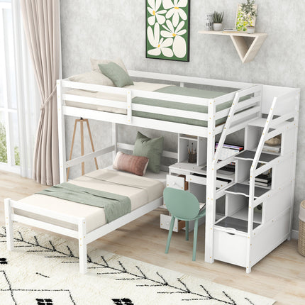 AS4- Twin Size Loft Bed with a Stand-alone Bed;  Storage Staircase;  Desk;  Shelves and Drawers - Likeshoppe 