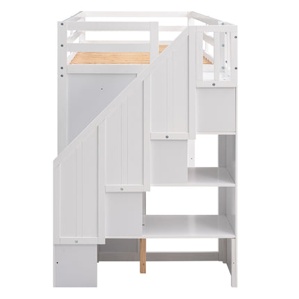 AS26- Functional Loft Bed with 3 Shelves;  2 Wardrobes and 2 Drawers;  Ladder with Storage;  No Box Spring Needed - Likeshoppe 