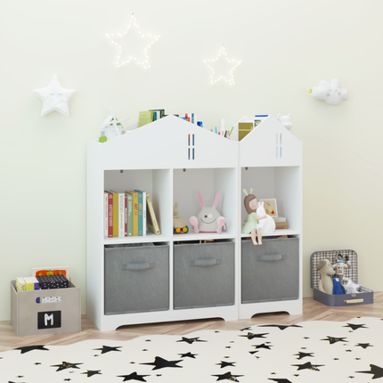 AT6- Kids Dollhouse Bookcase with Storage, 2-Tier Storage Display Organizer, Toddler Bookshelf with Collapsible Fabric Drawers for Bedroom or Playroom (White/Gray) - Likeshoppe 