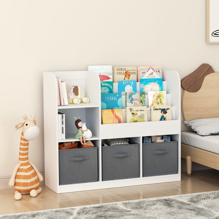 AT1- Kids Bookcase and Bookshelf, Multifunctional Bookcase with 3 Collapsible Fabric Drawers, Bookcase Display Stand, Toy Storage Organizer for Bedroom, Playroom, Hallway (White/Gray) - Likeshoppe 