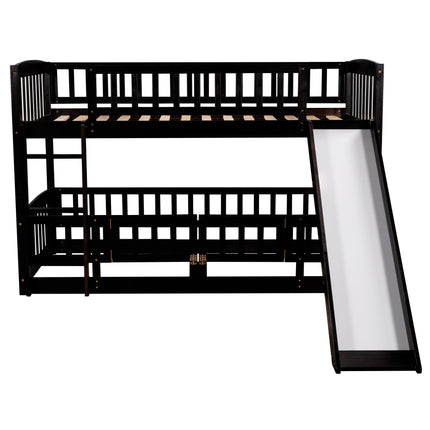 AS25- Bunk Bed with Slide; Twin Over Twin Low Bunk Bed with Fence and Ladder for Toddler Kids Teens - Likeshoppe 