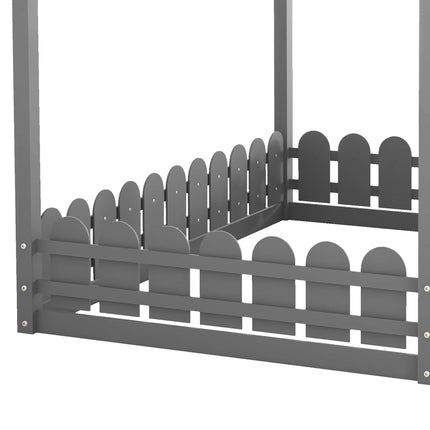 AS21- (Slats are not included) Full Size Wood Bed House Bed Frame with Fence;  for Kids;  Teens;  Girls;  Boys - Likeshoppe 