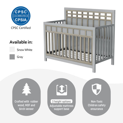 A023- Certified Baby Safe Crib, Pine Solid Wood, Non-Toxic Finish, Gray - Likeshoppe 