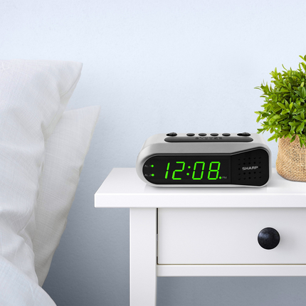 CH32- SHARP Digital Dual Alarm Clock, Silver with Green LED Display, Ascending Alarm - Likeshoppe 