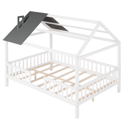 AS32- Full Size Wood House Bed with Fence - Likeshoppe 