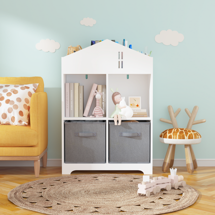 AT5- Kids Dollhouse Bookcase with Storage, 2-Tier Storage Display Organizer, Toddler Bookshelf with 2 Collapsible Fabric Drawers for Bedroom or Playroom (White/Gray) - Likeshoppe 