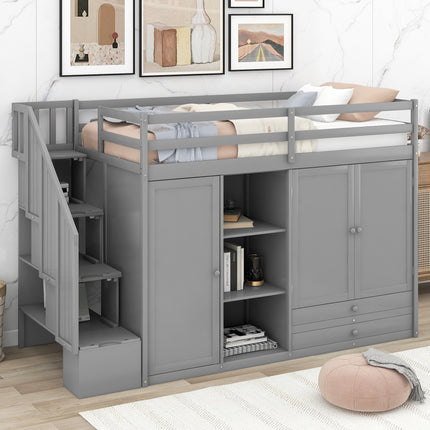 AS26- Functional Loft Bed with 3 Shelves;  2 Wardrobes and 2 Drawers;  Ladder with Storage;  No Box Spring Needed - Likeshoppe 