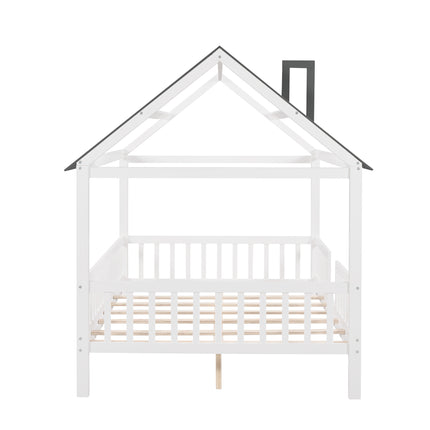 AS32- Full Size Wood House Bed with Fence - Likeshoppe 