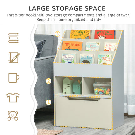 AT3- Kids Bookcase Multi-Shelf Rack Organizer with Storage Drawer for Books for Bedroom or Playroom, Grey - Likeshoppe 