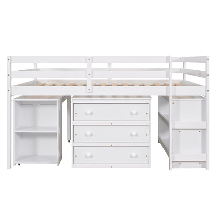 AS1- Low Study Full Loft Bed with Cabinet ; Shelves and Rolling Portable Desk ; Multiple Functions Bed - Likeshoppe 