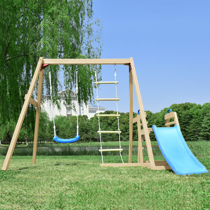 BB3- Wooden Swing Set with Slide, Outdoor Playset Backyard Activity Playground Climb Swing Outdoor Play Structure for Toddlers, Ready to Assemble Wooden Swing-N-Slide Set Kids Climbers - Likeshoppe 