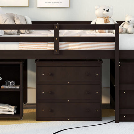 AS1- Low Study Full Loft Bed with Cabinet ; Shelves and Rolling Portable Desk ; Multiple Functions Bed - Likeshoppe 