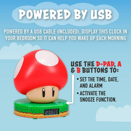 CH18- Paladone Super Mario Bros Mushroom Digital Alarm Clock with Power Up Sound Nintendo Room Décor and Merchandise - Likeshoppe 