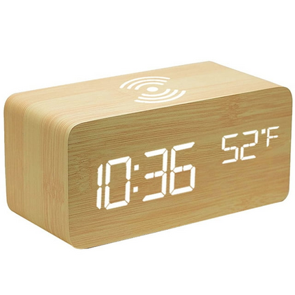 CH14- Zunammy Wooden Digital LED Alarm Clock with Wireless Charger Qi Pad - Wooden - Likeshoppe 