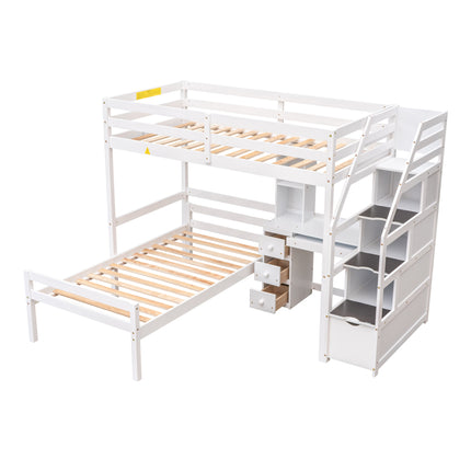 AS4- Twin Size Loft Bed with a Stand-alone Bed;  Storage Staircase;  Desk;  Shelves and Drawers - Likeshoppe 