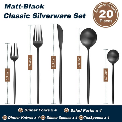 BP3- Bestdin Silverware Set, 20-Piece Stainless Steel Flatware set, Tableware Cutlery Set Service for 4, Utensils for Kitchens, Dishwasher Safe, Black - Likeshoppe 