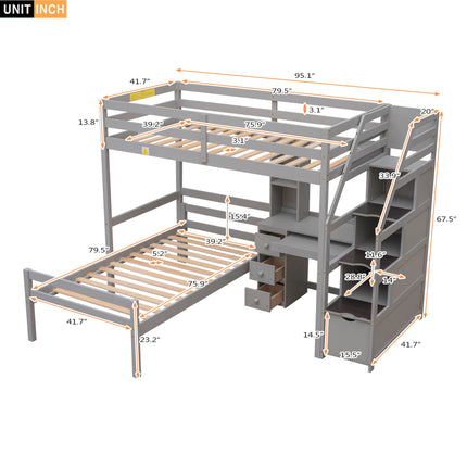 AS4- Twin Size Loft Bed with a Stand-alone Bed;  Storage Staircase;  Desk;  Shelves and Drawers - Likeshoppe 