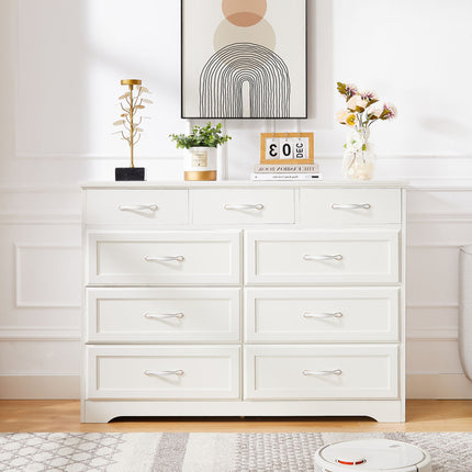 AU4- Bedroom dresser, 9 drawer long dresser with antique handles, wood chest of drawers for kids room, living room, entry and hallway, White, 47.56''W x 15.75''D x 34.45''H. - Likeshoppe 