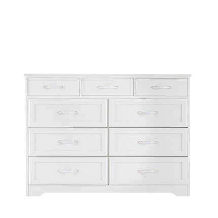 AU4- Bedroom dresser, 9 drawer long dresser with antique handles, wood chest of drawers for kids room, living room, entry and hallway, White, 47.56''W x 15.75''D x 34.45''H. - Likeshoppe 