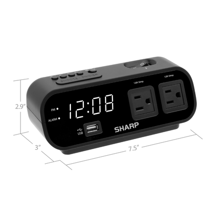 CH29- SHARP Digital Alarm Clock, 2 AMP USB Fast Charge Port, 2 x AC Power Outlets, White LED Display - Likeshoppe 