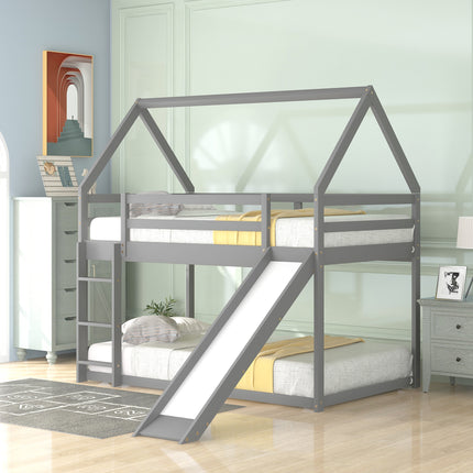 AS33- Twin Size Bunk House Bed with Slide and Ladder - Likeshoppe 