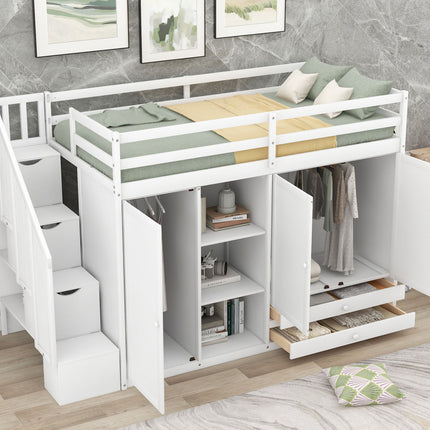 AS26- Functional Loft Bed with 3 Shelves;  2 Wardrobes and 2 Drawers;  Ladder with Storage;  No Box Spring Needed - Likeshoppe 