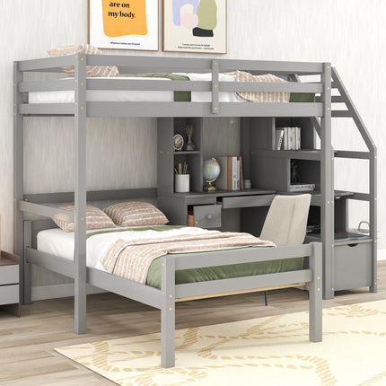 AS4- Twin Size Loft Bed with a Stand-alone Bed;  Storage Staircase;  Desk;  Shelves and Drawers - Likeshoppe 