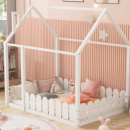 AS21- (Slats are not included) Full Size Wood Bed House Bed Frame with Fence;  for Kids;  Teens;  Girls;  Boys - Likeshoppe 