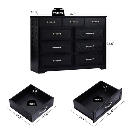 AU7- Bedroom dresser, 9 drawer long dresser with antique handles, wood chest of drawers for kids room, living room, entry and hallway, Black, 47.2'' W x 15.8'' D x 34.6'' H. - Likeshoppe 