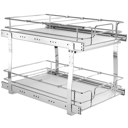 CJ2- 2 Tier 13"W x 21"D Pull Out Cabinet Organizer, Heavy Duty Slide Out Pantry Shelves, Chrome-Plated Steel Roll Out Drawers, Sliding Drawer Storage for Inside Kitchen Cabinet, Bathroom, Under Sink - Likeshoppe 