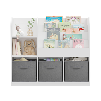 AT1- Kids Bookcase and Bookshelf, Multifunctional Bookcase with 3 Collapsible Fabric Drawers, Bookcase Display Stand, Toy Storage Organizer for Bedroom, Playroom, Hallway (White/Gray) - Likeshoppe 