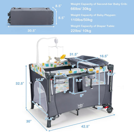 A024- 5 in 1 Baby Nursery Center Foldable Toddler Bedside Crib with Music Box - Likeshoppe 