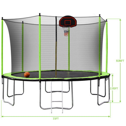 BA7- 15FT Trampoline with Basketball Hoop Inflator and Ladder(Inner Safety Enclosure) Green - Likeshoppe 