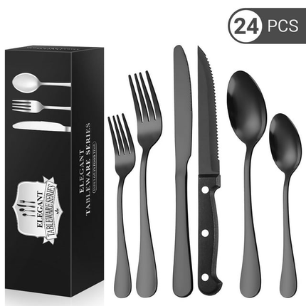 BP13- 24 Piece Flatware Set for 4, TINANA Stainless Steel Flatware Set, Mirror Polished Cutlery Utensil Set, Durable Home Kitchen Eating Tableware Set, Fork Knife Spoon Set,Dishwasher Safe-Black - Likeshoppe 