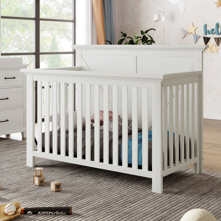 AO1- Rustic Farmhouse Style Whitewash 4-in-1 Convertible Baby Crib - Converts to Toddler Bed, Daybed and Full-Size Bed, White - Likeshoppe 