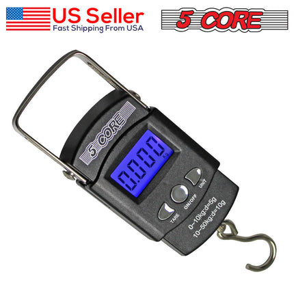 BR2- 5 Core Fish Scale 110 LBS 50 KG Luggage Handheld Portable Electronic Balance Digital Fishing Postal Hanging Hook Scale with 2 AAA Batteries Built-in Measuring Tape Backlight LCD Display - Likeshoppe 