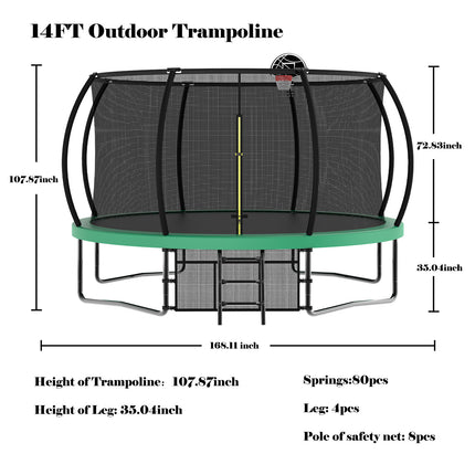 BA35- 14FT Recreational Kids Trampoline with Safety Enclosure Net & Ladder, Outdoor Recreational Trampolines - Likeshoppe 