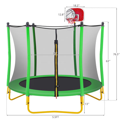 BA43- 5.5FT Trampoline for Kids - 65" Outdoor & Indoor Mini Toddler Trampoline with Enclosure, Basketball Hoop and Ball Included - Likeshoppe 